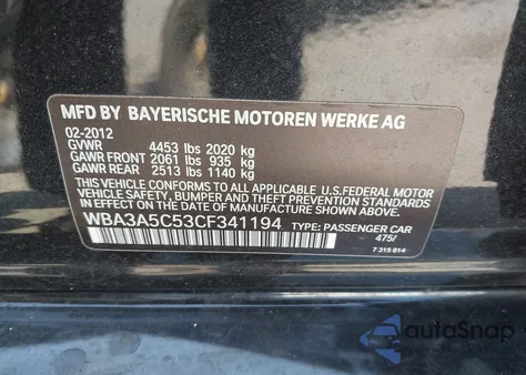 2012 BMW 328I z USA, uszkodzony, nr VIN WBA3A5C53CF341194